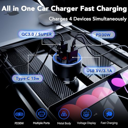 Car Charger USB C Fast Charge, 4 Port 78W Metal Car Phone - Product Imagery