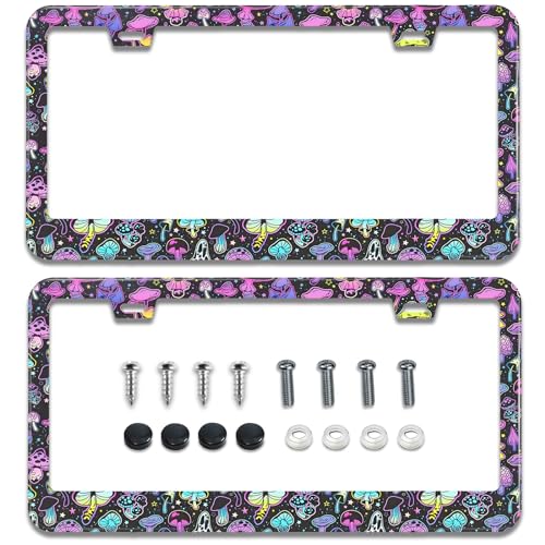 Multicolor Mushroom License Plate Frames,2 Pack Car Plate Holder - Product Imagery