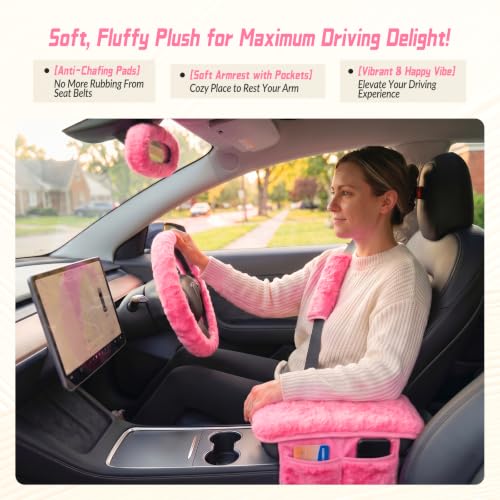 5 Pcs Fuzzy Pink Color Car Accessories Set, Soft Fluffy Plush - Product Imagery