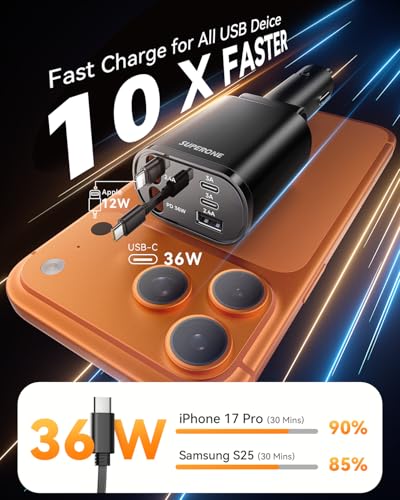 SUPERONE 90W Retractable Car Charger with Dual Cables Car Phone - Product Imagery
