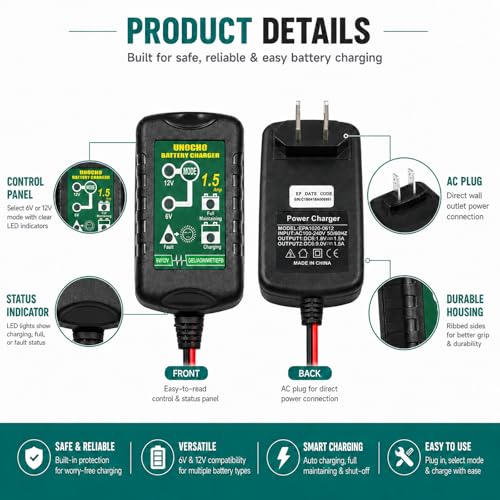 Unocho 6V/12V Battery Charger Maintainer 1.5A Automatic Trickle - Product Imagery