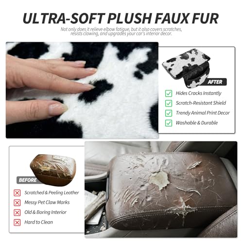Plush Fuzzy Car Center Console Cover with 2 Side Pockets, Cow - Product Imagery