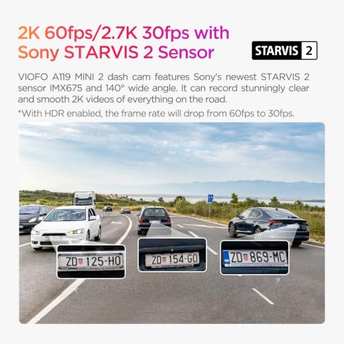 VIOFO Dash Cam Front A119 Mini 2, STARVIS 2 Sensor, 2K 60fps Car - Product Imagery