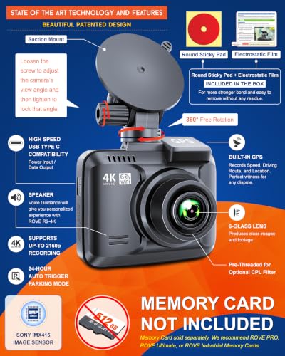 ROVE R2-4K Dash Cam, 4K UHD 2160P Car Camera, 8MP Sensor, WiFi 6 - Product Imagery