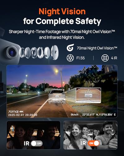 70mai 4K Dash Cam Front and Rear Inside, 3 Channel Car Dash - Product Imagery