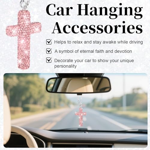 BFXM Cross for Car Mirror Hanging, Pink Bling Cars Pendant Charm - Product Imagery