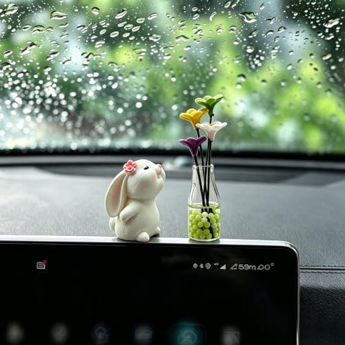 Set of 2 Cute Mini Bunny and Daisy Flower Vase Car Rearview - Product Imagery