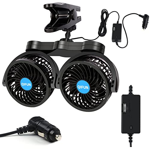 QIFUN Car Fan Adjustable Dual Head 12V 360° Rotatable 4 Inches - Product Imagery