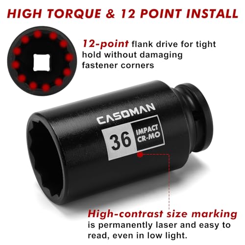 CASOMAN 1/2-Inch Drive Deep Spindle Axle Nut Impact Socket - Product Imagery
