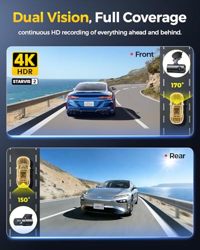GKU 4K Dual Dash Cam Front and Rear Camera, STARVIS 2 Sensor - Product Imagery