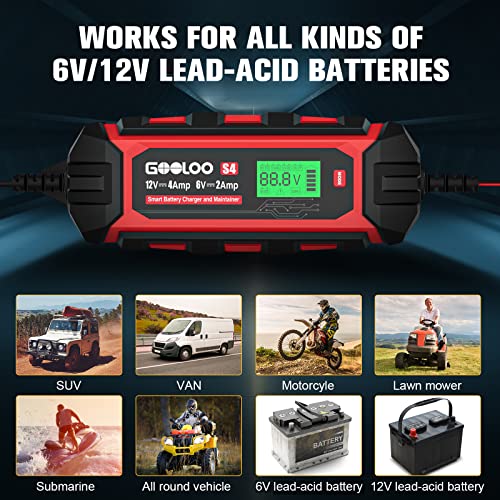 GOOLOO S4 4A Car Battery Charger, 6V/12V Smart Trickle Charger - Product Imagery