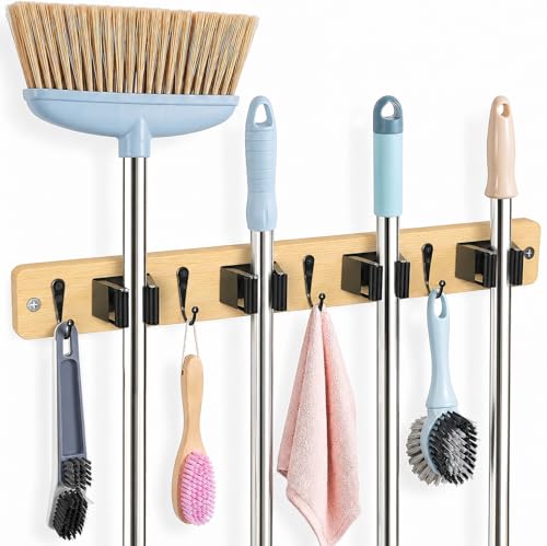 AceMining Light Wood Broom Holder Wall Mount, 4 Holders 4 Hooks - Product Imagery