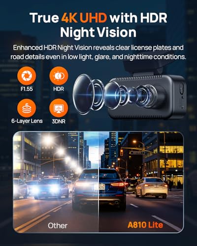70mai A810 Lite 4K Dash Cam Front and Rear, 5GHz Wi-Fi 6 - Product Imagery
