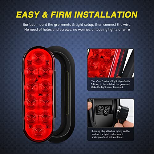 Nilight 6" Oval LED Trailer Tail Lights,Red, 2 Pack, Grommets - Product Imagery