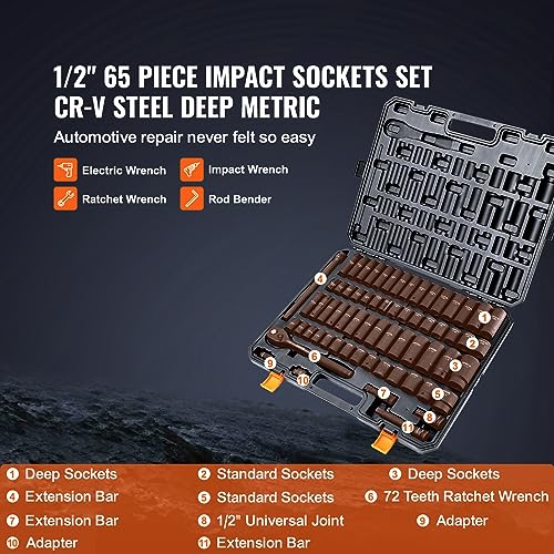 VEVOR 1/2" Drive Impact Socket Set 65 Piece, 3/8" to 1-1/4" and - Product Imagery