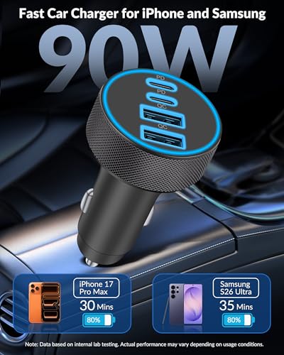 iPhone 17 16 15 Car Charger Fast Charging, 90W 4Port USB C Fast - Product Imagery