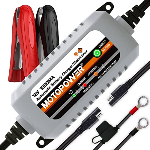 MOTOPOWER MP00205B 12V 1000mA Automatic Battery Charger, Battery - Product Imagery