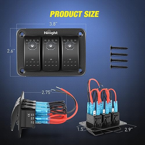 Nilight 3 Gang Aluminum Rocker Switch Panel Pre-Wired - Product Imagery