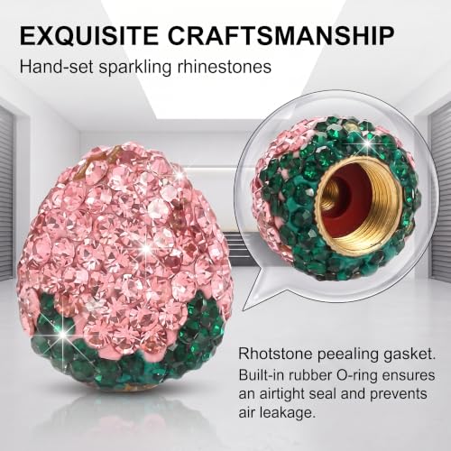 4PCS Strawberry Car Tire Valve Stem Caps, Cute Bling Rhinestone - Product Imagery