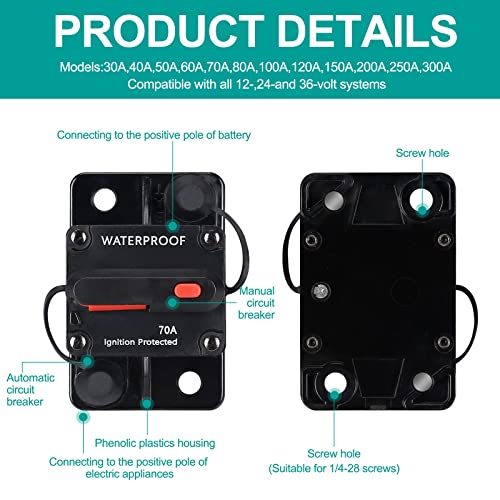 70 Amp Circuit Breaker,Waterproof,with Manual Reset,12V-48V DC, - Product Imagery