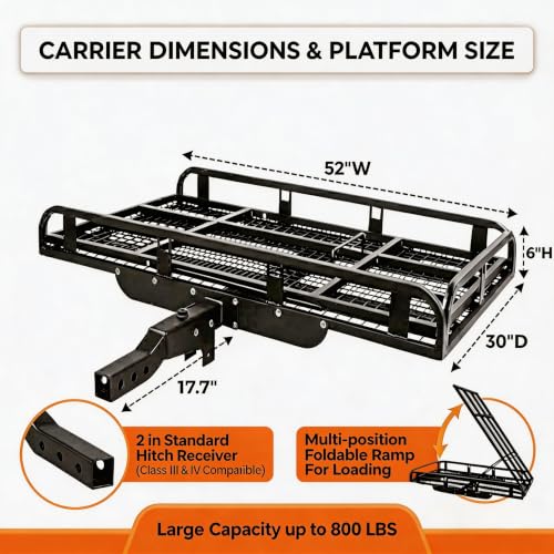 52"x30"x6" Hitch Mount Cargo Carrier with Foldable Ramp,800 LBS - Product Imagery