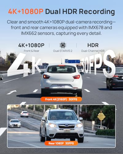 70mai 4K Dash Cam Front and Rear, 4K+1080P Dual STARVIS 2 Car - Product Imagery