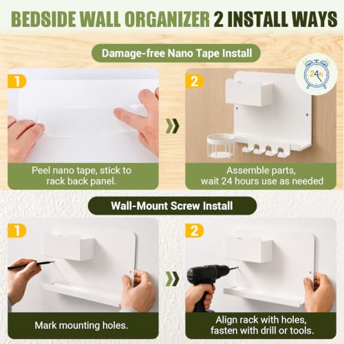 Floating Bedside Wall Shelf, Metal Bedside Wall Organizer with - Product Imagery