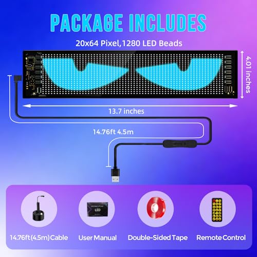 Programmable LED Sign for Car -14''x4'' Flexible USB 5V Digital - Product Imagery