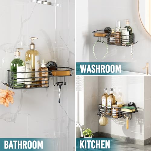 TAILI Shower Caddy Suction Cup with Hooks and Soap holder, Black - Product Imagery