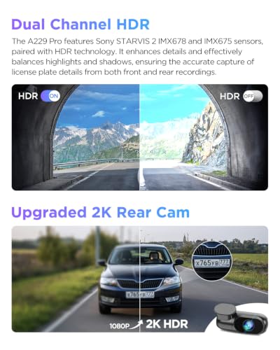 VIOFO A229 Pro 4K HDR Dash Cam Front and Rear, Dual STARVIS 2 - Product Imagery