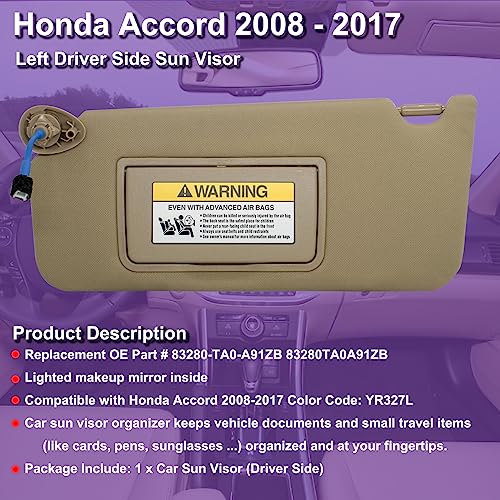 NHILES Left Driver Side Sun Visor Compatible with Honda Accord - Product Imagery