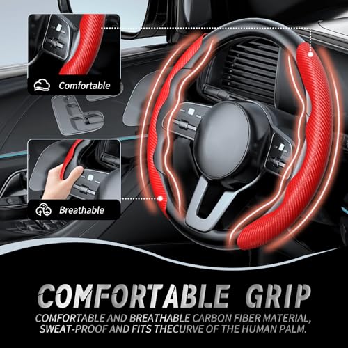 WOCOCN 2pcs Car Steering Wheel Cover,Anti-Skid Carbon Fiber, Red - Product Imagery