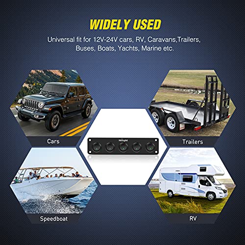 Nilight 5 Gang 3 Pin Rocker Switch Panel On Off SPST Toggle Green - Product Imagery