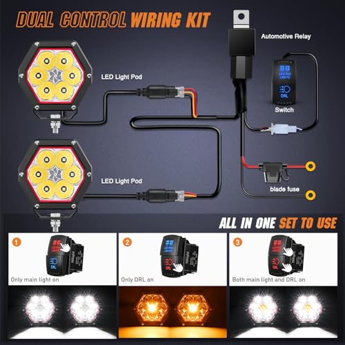 Nilight 4" Hexagon LED Pod Light with Amber DRL 30W 2600LM - Product Imagery