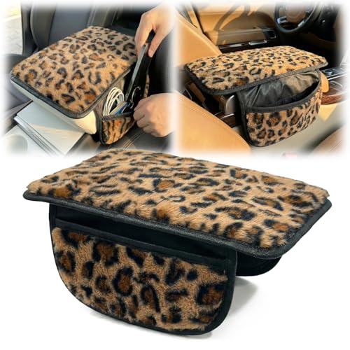 Plush Fuzzy Car Center Console Cover with Side Pockets, Leopard - Product Imagery