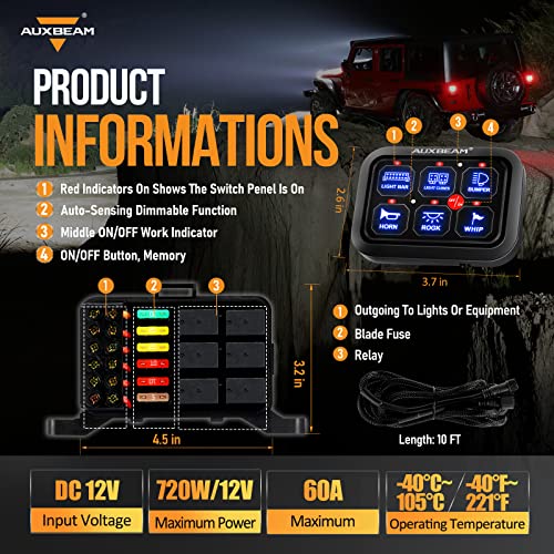 Auxbeam 6 Gang Switch Panel BC60 Universal Circuit Control Relay - Product Imagery