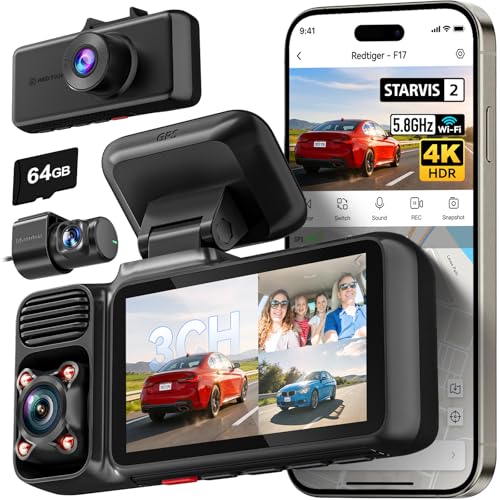 REDTIGER F17 4K 3CH Dash Cam, STARVIS 2 Sensor HDR, 64GB Card, - Product Imagery