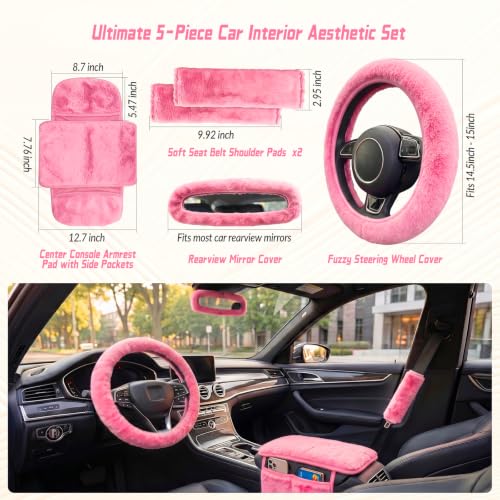 5 Pcs Fuzzy Pink Color Car Accessories Set, Soft Fluffy Plush - Product Imagery