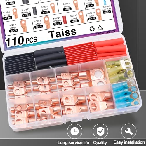 Taiss Copper Wire Lugs AWG 2-16 110PCS with Heat Shrink Kit - Product Imagery