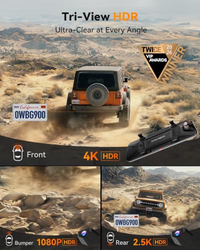 WOLFBOX G900 Tripro Bumper 3 Channel 4K Mirror Dash Cam,8MP - Product Imagery