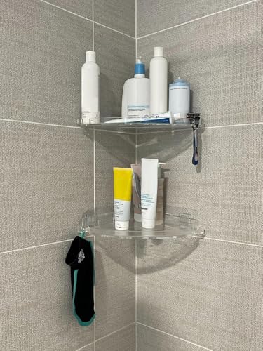 JiePai Adhesive Acrylic Corner Shower Caddy 2 Pack, Rustproof - Product Imagery