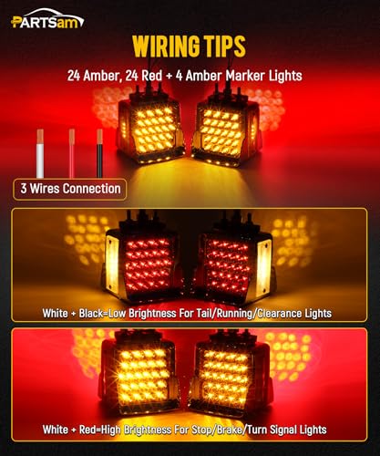 Partsam Pair Truck Trailer 52 LED Red/Amber Square Double Face - Product Imagery