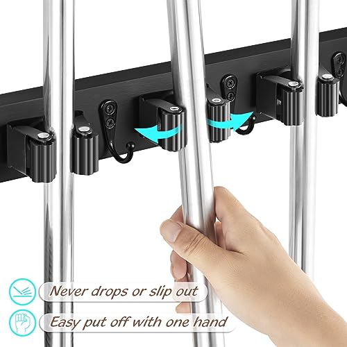 OUTNILI Black Mop Broom Holder Wall Mount with 4 Slots & 4 Hooks - Product Imagery