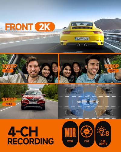 Neideso 360° Dash Cam Front and Rear Inside, 4 Channel Dash - Product Imagery