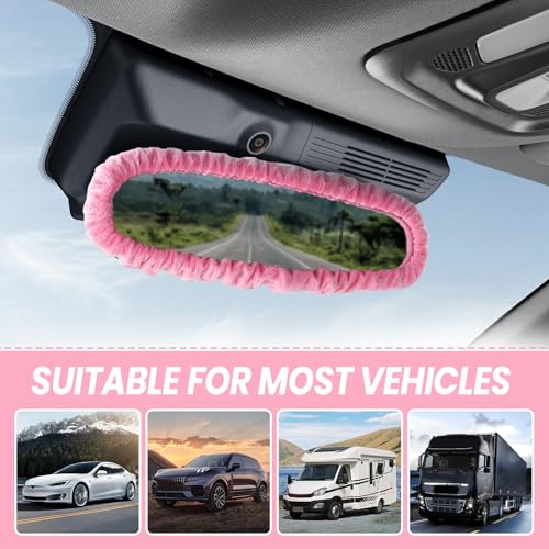 Car Rearview Mirror Cover, Pink Plush Elasticity Rear View - Product Imagery