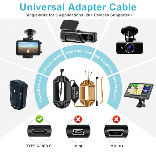 Dash Cam Hardwire Kit USB C, 12V-24V to 5V/3A Adapter Power - Product Imagery