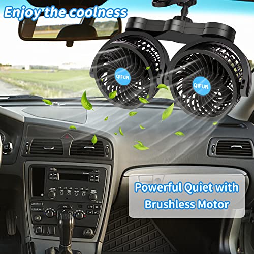 QIFUN Car Fan Adjustable Dual Head 12V 360° Rotatable 4 Inches - Product Imagery