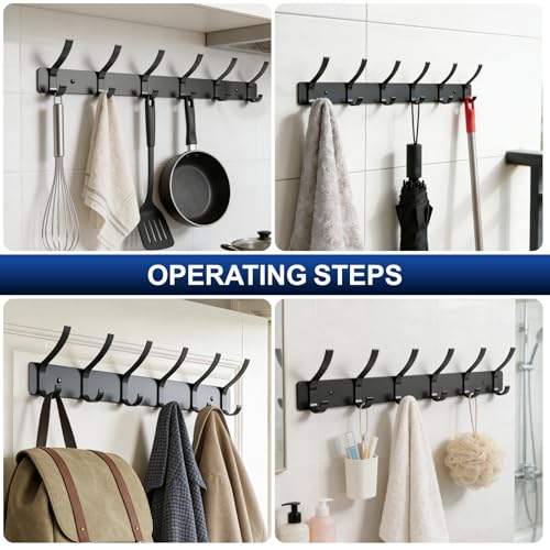 Wall Mounted Coat Rack, 6 Hooks for Hanging Clothes, Black, - Product Imagery