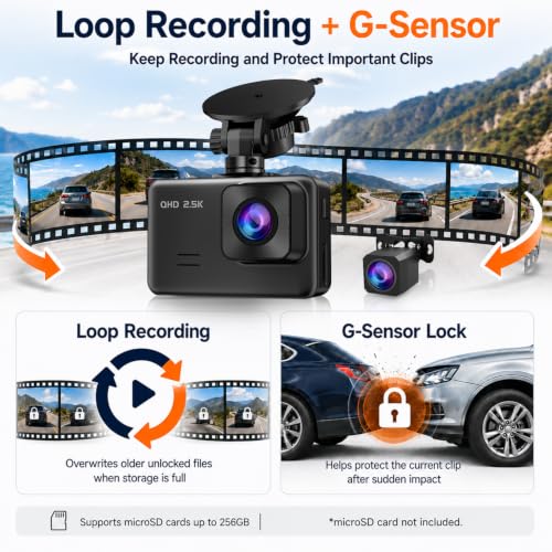 Dash Cam Front and Rear, 2.5K+1080P Dual Camera for Cars, 2" IPS - Product Imagery
