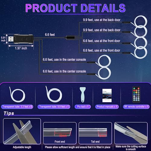 LivTee Smart Car LED Interior Lights with USB Port, LED Strip - Product Imagery